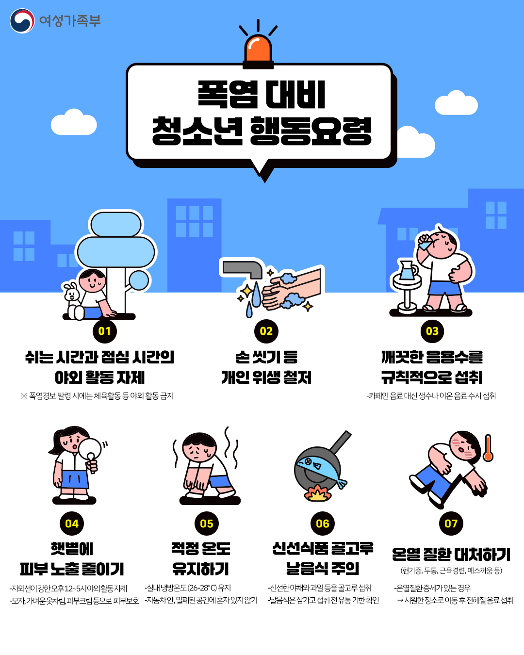 폭염 대비 온열질환 예방 행동수칙 안내. 이미지 대체텍스트는 아래 게시글 참고하세요.
