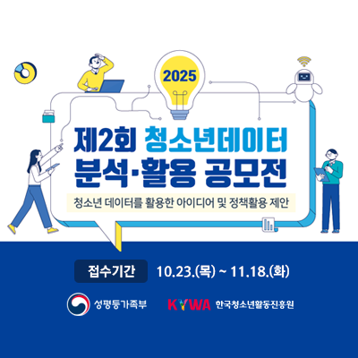 2025 제2회 청소년데이터 분석·활용 공모전. 청소년 데이터를 활용한 아이디어 및 정책활용 제안. 접수기간 10.23.(목)부터 11.18.(화). 성평등가족부, KYWA 한국청소년활동진흥원
